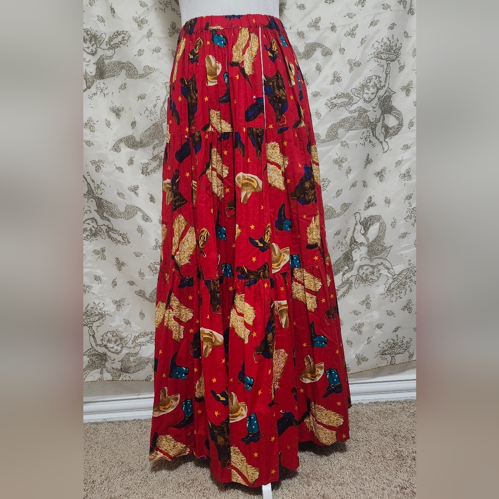 Vintage Liza Lynn ltd 80s 90s rodeo boot print red broom maxi skirt M